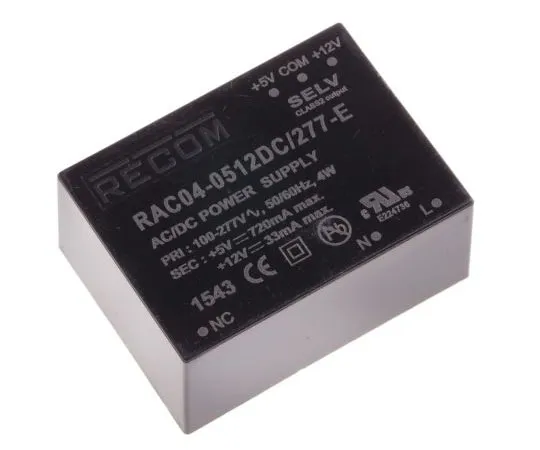 63-8070-83　Recom 4W 1 Output Embedded Switch Mode Power Supply SMPS, 33 mA, 720 mA, 5/12V dc Encapsulated　RAC04-0512DC/277-E