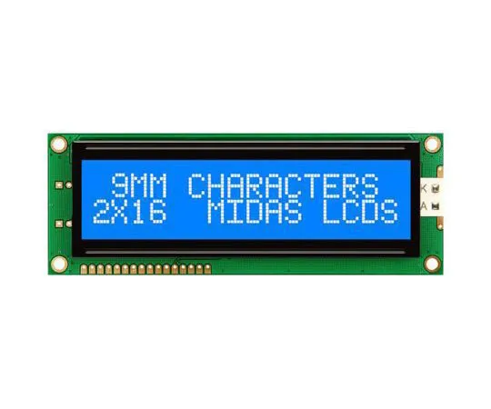 63-8451-18　Midas MC21609AB6W-BNMLW-V2 AB Alphanumeric LCD Display, Blue on White, 2 Rows by 16 Characters, Transmissive　MC21609AB6W-BNMLW-V2