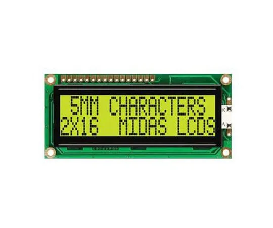 63-8451-17　Midas MC21605G6WD-SPTLY-V2 G Alphanumeric LCD Display Yellow-Green, 2 Rows by 16 Characters, Transflective　MC21605G6WD-SPTLY-V2