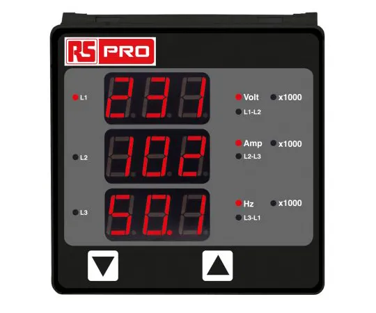 63-9688-92　RS Pro LED Digital Panel Multi-Function Meter for Current, Frequency, On Hour, RPM, Run Hour, Voltage, 92mm x 92mm　136-5377