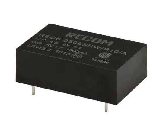 64-0318-33　Recom REC6 6W Isolated DC-DC Converter Through Hole, Voltage in 4.5 → 9 V dc, Voltage out ±12V dc　REC6-0512DRW/R10/A