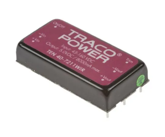64-0608-22　TRACOPOWER TEN 40WIR 40W Isolated DC-DC Converter Through Hole, Voltage in 43 → 160 V dc, Voltage out 5V dc　TEN 40-7211WIR