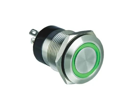 64-0434-33　Bulgin Single Pole Single Throw (SPST) Momentary Green LED Push Button Switch, IP66, 19.2 (Dia.)mm, Panel Mount, 24V dc　MPI002/28/GN/12