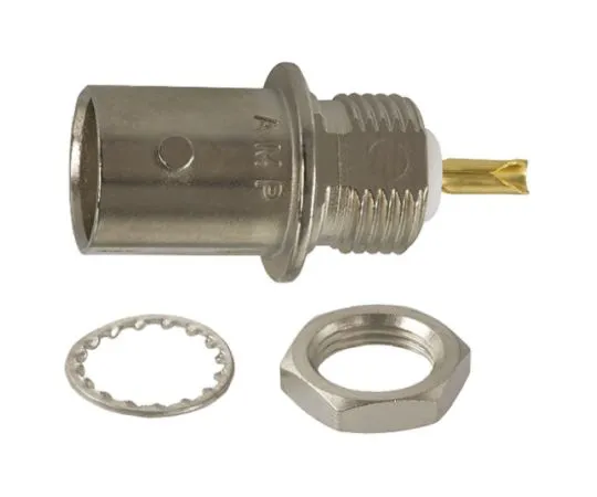 64-0493-44　TE Connectivity Straight 50Ω Panel Mount Bulkhead Fitting BNC Connector, jack, Nickel, Solder Termination　5227754-2