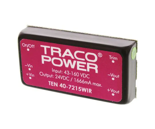 64-0608-25　TRACOPOWER TEN 40WIR 40W Isolated DC-DC Converter Through Hole, Voltage in 43 → 160 V dc, Voltage out 24V dc　TEN 40-7215WIR