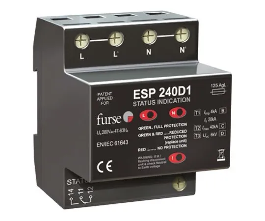 64-1247-48　WJ Furse D1 Series 280 V Maximum Voltage Rating 6.25 kA, 80 kA Maximum Surge Current Mains Surge Protector, DIN Rail　7TCA085460R0086  ESP 240D1