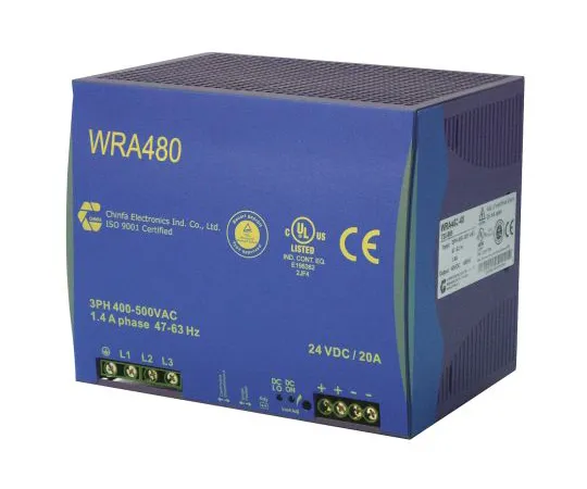 64-1379-72　Chinfa, WRA 480 DIN Rail Power Supply, 24V dc Output Voltage, 20A output current　WRA480-24