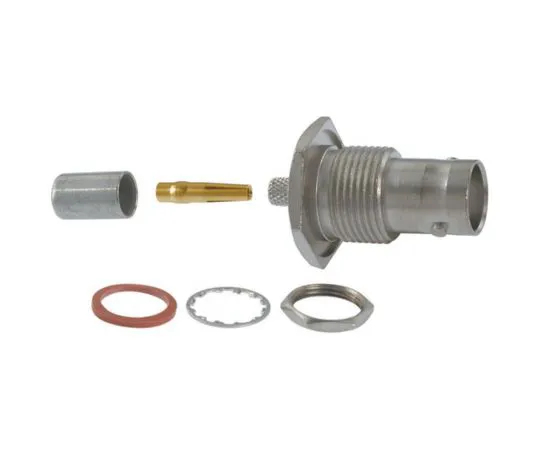 64-1410-24　TE Connectivity BNC Series Straight 50Ω Panel Mount Bulkhead Fitting BNC Connector, jack, Nickel, Crimp Termination,　5225398-1