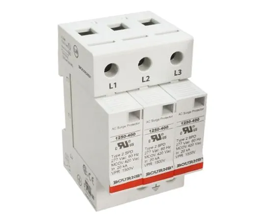 64-0671-50　Bourns 1250 Series 600 V ac Maximum Voltage Rating 50kA Maximum Surge Current 3 Pole Protector, DIN Rail Mounting　1250-3S-400