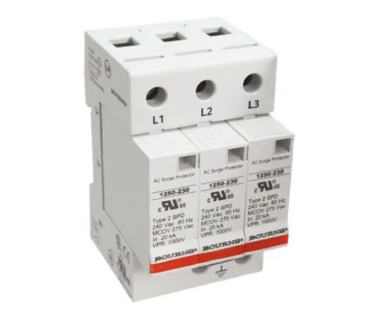 64-0671-46　Bourns 1250 Series 415 V ac Maximum Voltage Rating 50kA Maximum Surge Current 3 Pole Protector, DIN Rail Mounting　1250-3S-230