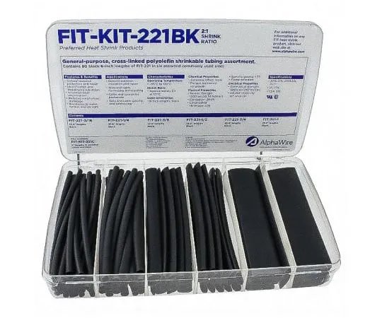 64-1411-19　Alpha Wire Black Heat Shrink Tubing Kit Assortiment Sleeve Dia. x Assortiment Length, FIT-KIT Series 2:1 Ratio　FKIT221BK BK032